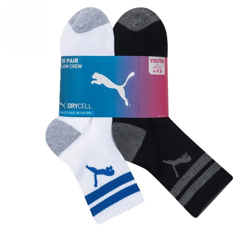 NEW Puma drycell Low crew Socks 10 pair kids fit shoes (9-3.5) white/gray